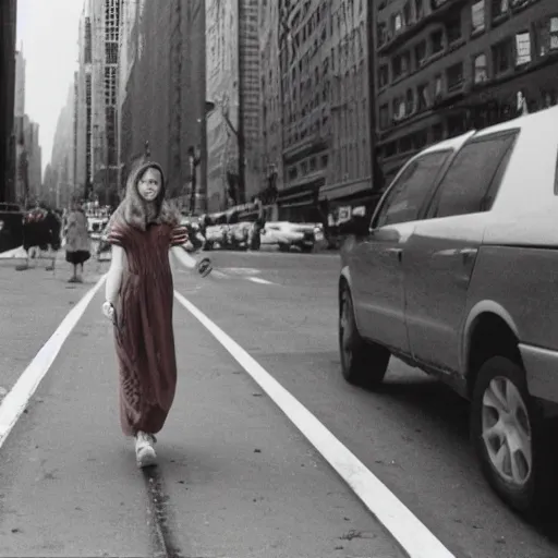 Prompt: A young woman walking down a NYC street on LSD