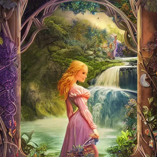 Image similar to realistic detailed view of neverland by emilia dziubak, will terry, greg olsen, chris mars, ann long, and mark brooks, fairytale, female, feminine, art nouveau, illustration, character concept design, storybook layout, story board format