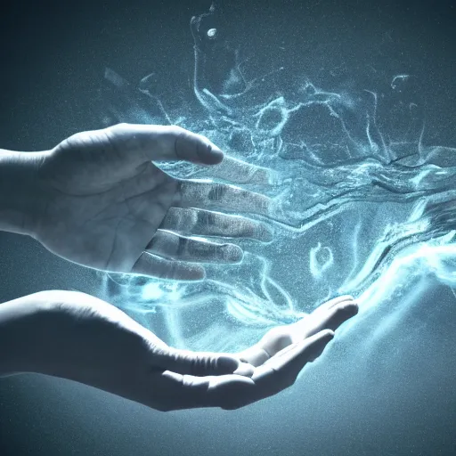 Prompt: hands making contact in the metaverse, organic liquid textures, turbulent, organic growth, particles, flowing, abundent in details, transparent, surreal dramatic lighting