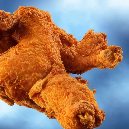 Image similar to a giant fried chicken falling from a helicopter, hyper detailed, 8k resolution