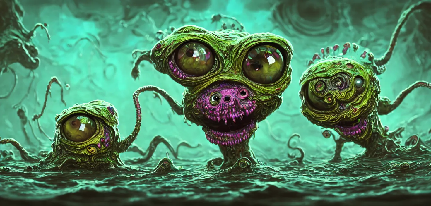 Prompt: intricate colourful murky with strange cute friendly angry crazy alien creatures with huge eyes long tongue triangle teeth and scary face appearing from the water, in the style of craola, macro lens, shallow depth of field, highly detailed, digital painting, trending artstation, concept art, illustration, cinematic lighting, vibrant colors, photorealism, epic, octane render