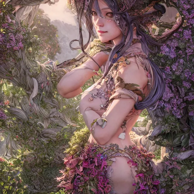 Image similar to the portrait of chaotic good female druid botanist as absurdly beautiful, gorgeous, elegant, young gravure idol, an ultrafine hyperdetailed illustration by kim jung gi, irakli nadar, intricate linework, sharp focus, bright colors, octopath traveler, final fantasy, unreal engine 5 highly rendered, global illumination, radiant light, detailed and intricate environment