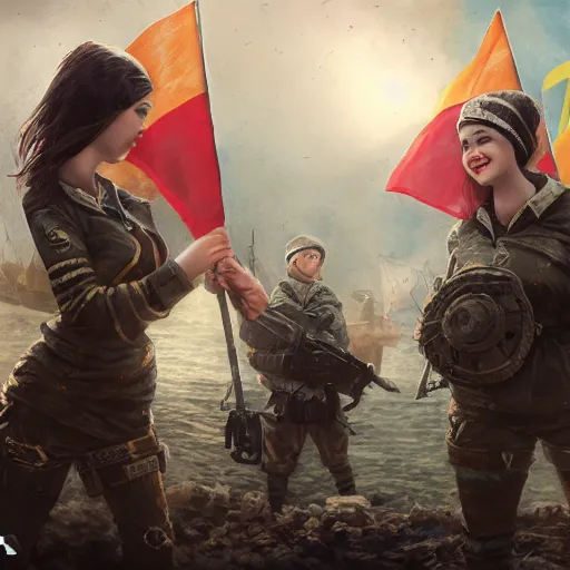 Prompt: ukrainian girls with ukrainian flag near big ruined warship, happy, concept art, trending on artstation, highly detailed, intricate, sharp focus, digital art, 8 k