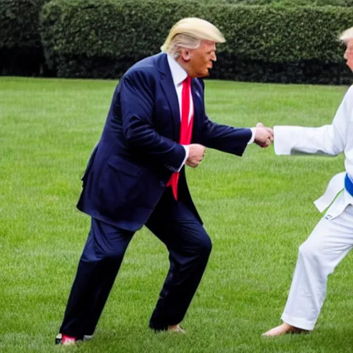 Prompt: donald trump karate chopping joe biden in the face on the white house lawn, detailed