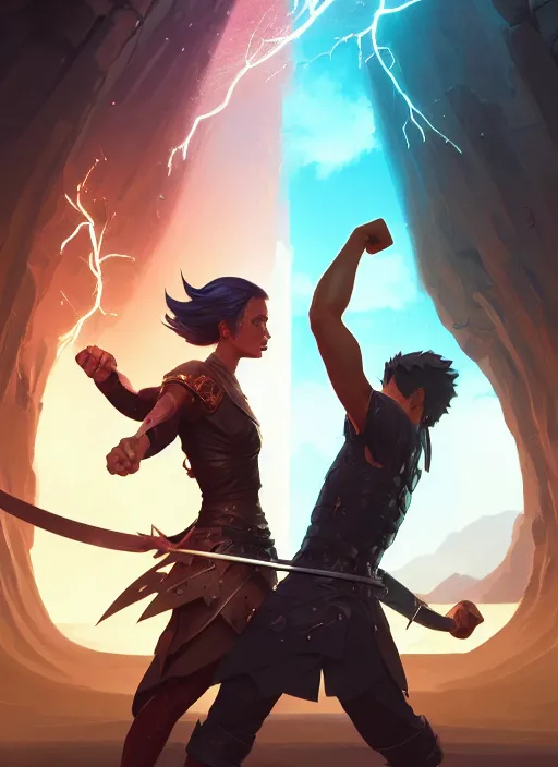 Image similar to highly detailed portrait of fist bump in front of swords, lightning in background, video game cover art,, unreal engine, fantasy art by greg rutkowski, loish, rhads, makoto shinkai and lois van baarle, ilya kuvshinov, rossdraws, tom bagshaw, global illumination, radiant light, detailed and intricate environment