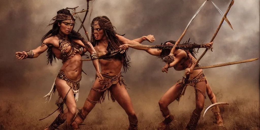 Image similar to movie scene, powerful beautiful aztec and Amazonian warrior females fight, bow, flying arrows, spear, epic camera, vintage, Boris vallejo, sepia, apocalypto