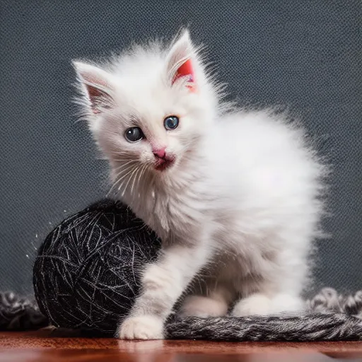 Prompt: a very happy and fluffy kitten wearing knitted clothes playing with a ball of yarn, award-winning photograph, depth of field, 8K UHD