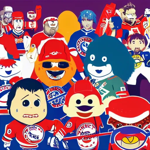 Image similar to illustration of youppi habs mascot in a gang with other nhl mascots by ilya kuvshinov katsuhiro otomo