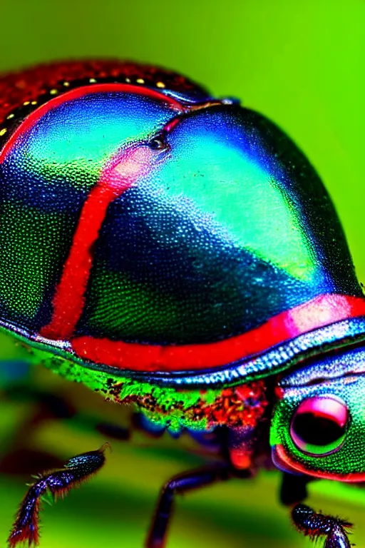 Image similar to high quality macro photo iridescent Red spotted jewel beetle! gorgeous highly detailed david ligare elson peter cinematic blue lighting high quality low angle hd 8k sharp shallow depth of field