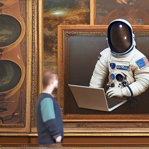 Image similar to an astronaut working on a laptop in an old ornate art gallery. photorealistic. highly detailed.