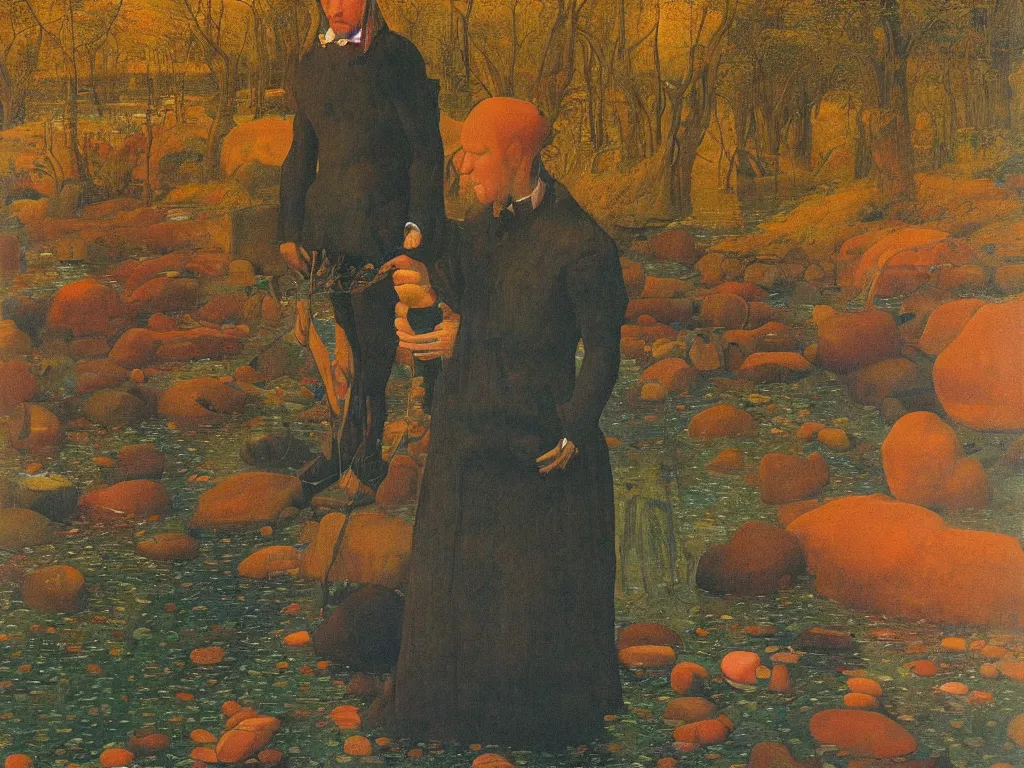 Image similar to Portrait of an artist in front of his canvas, knee deep in a river. Humanoid rocks, coral-like pebbles, autumn light. Painting by Jan van Eyck, Georges de la Tour, Rene Magritte, Jean Delville, Max Ernst, Walton Ford