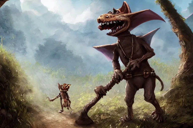 Image similar to a lone d & d kobold, traveling long dirt road, hobo stick over shoulder, fantasy setting, 4 k, super detailed, short draconic humanoid race, digital art