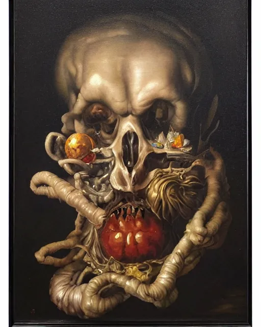 Image similar to refined gorgeous masterwork oil painting with black background by christian rex van minnen rachel ruysch dali todd schorr of a chiaroscuro portrait of an extremely bizarre disturbing mutated man with shiny skin acne dutch golden age vanitas intense chiaroscuro cast shadows obscuring features dramatic lighting perfect composition masterpiece