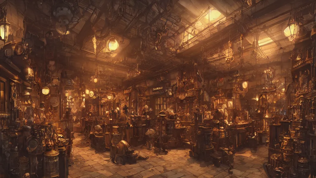 Prompt: A highly detailed image of a steampunk store, by Danar Worya, by Greg Rutkowski, by artgerm, by beeple, volumetric lighting, 4k resolution, octane render, trending on artstation