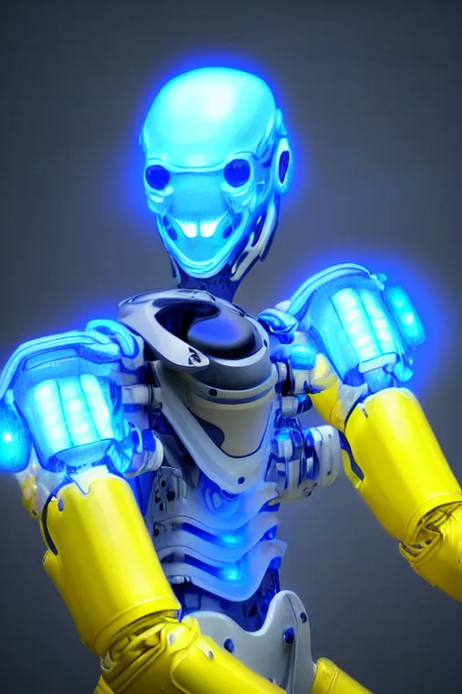 Image similar to hyperrealistic close-up blue glow exoskeleton!! sad chinese man covered highly detailed concept art eric zener elson peter cinematic side soft yellow light high angle hd 8k sharp shallow depth of field