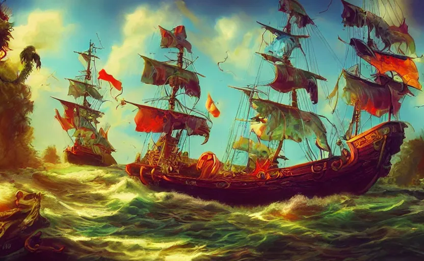 Image similar to pirate ship, storybook, colorful, lush, artstation, print