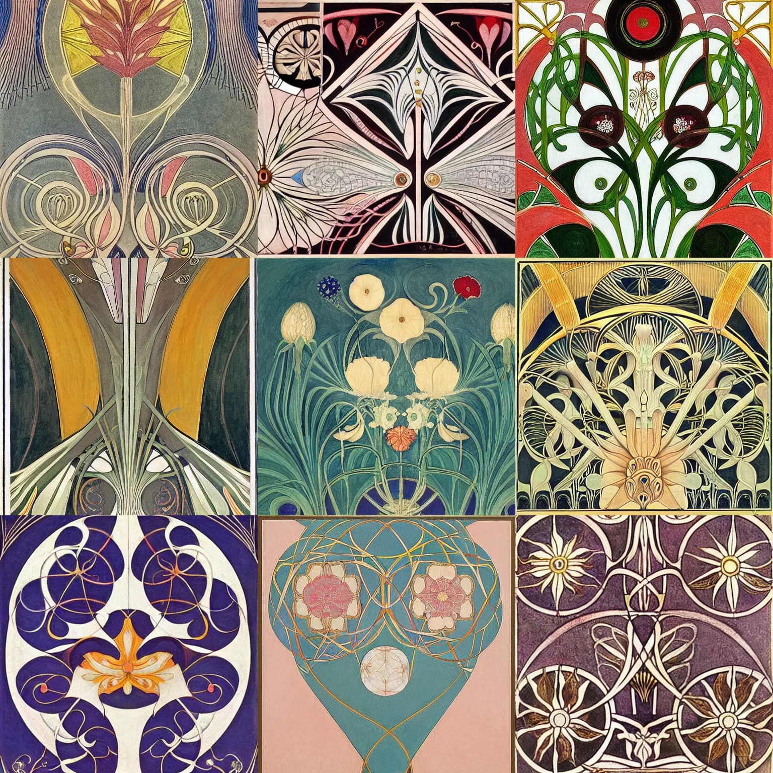 Prompt: flower ( ( art deco ) ) ( ( art nouveau ) ), intricate detail, by ( hilma af klint ) and escher and ( botticelli )