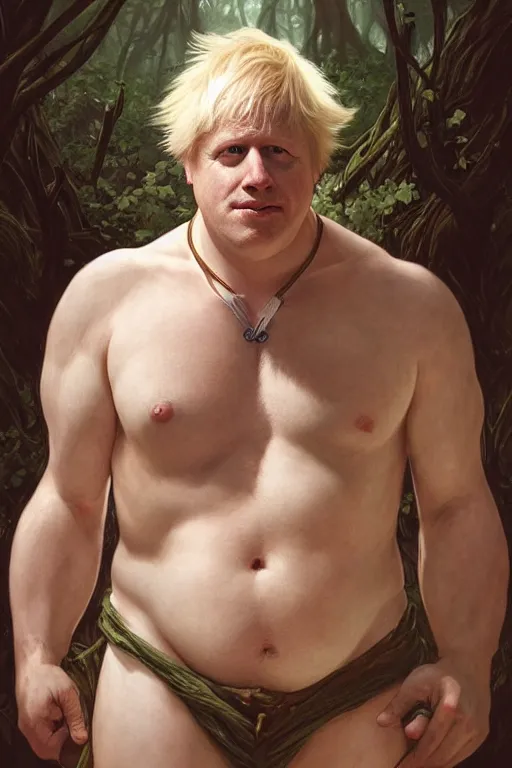 Image similar to portrait of boris johnson as a very pale hulking herculean demon, big pot belly, forest, godlike, full body, fantasy, intricate, elegant, highly detailed, digital painting, artstation, concept art, sharp focus, illustration, art by artgerm and greg rutkowski and alphonse mucha