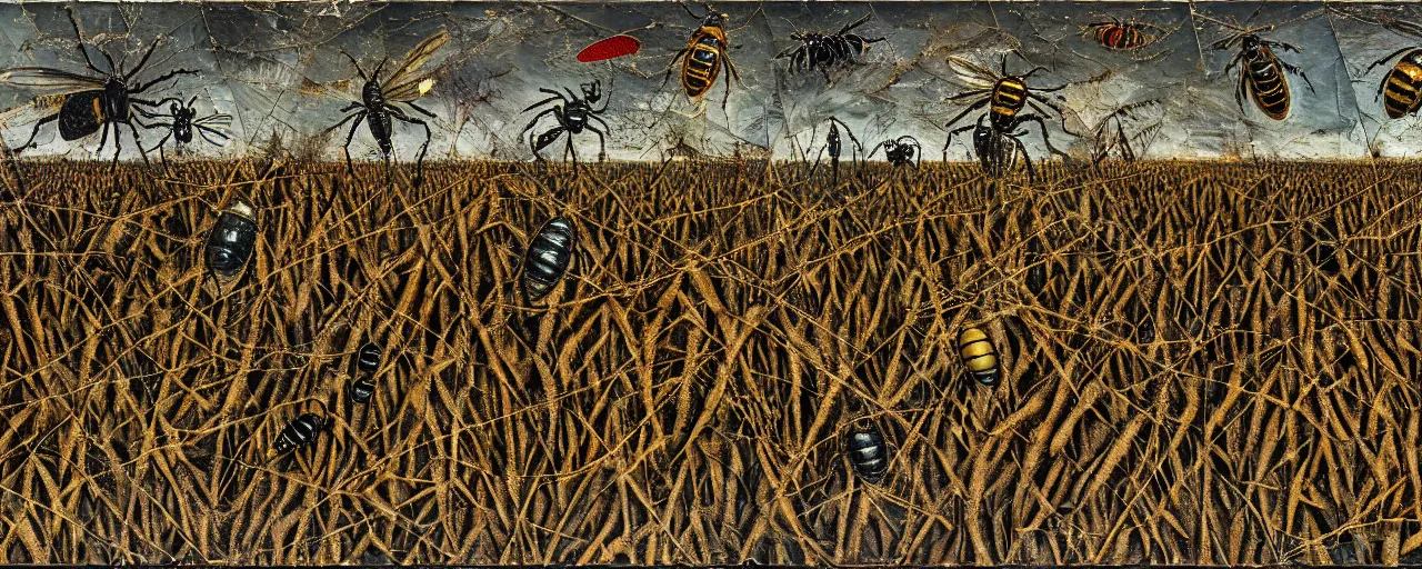 Prompt: strange giant insects, beetles, spiders, wasps, bees, maggots, locusts and flies, swarming in a cornfield, oil painting by max ernst and anselm kiefer, decay, mixed media, textured, sharp focus, highly detailed, photographic emulsion cracked and peeling, rust, cinematic lighting, 8 k, hd