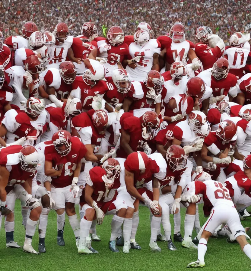 Prompt: football players around a corner waiting for the referee to whistle the beam of the angel