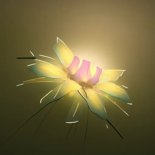 Image similar to Luminescent flower blooming at twilight, cgsociety, r /art, trending on artstation, artstationHD, octane render, highly detailed, cel-shaded, vray, volumetric lighting, unreal engine