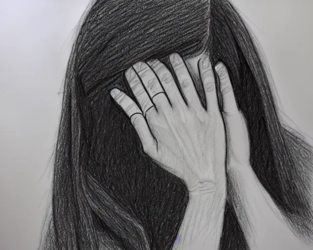 Prompt: draft drawing of a woman covering her face with her hands, a sketch by choro choi, thin stroke, trending on artstation, context art, pencil sketch, high detail, kinetic