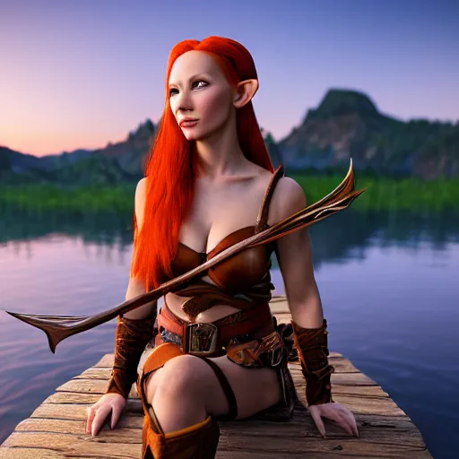 Prompt: beautiful female redhead elf warrior wearing tanned leather and a longbow bow and quiver on her back, sitting next to a beautiful lake at sunset, enjoying the wind, looking at the water. 8 k ultra realistic, award winning, unreal engine 5, masterpiece, atmosphere glow, hyperrealistic, focused, extreme details, cinematic