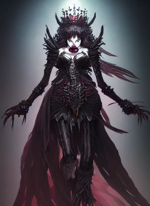 Image similar to a beautiful queen of death fullbody view, highly detailed, yoshitaka amano, trending on artstation, soft light, sharp focus, illustration, character design, concept art