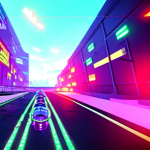 Image similar to a cyberpunk neon racing track in unreal engine, very high detailed, in a game, cinematic view