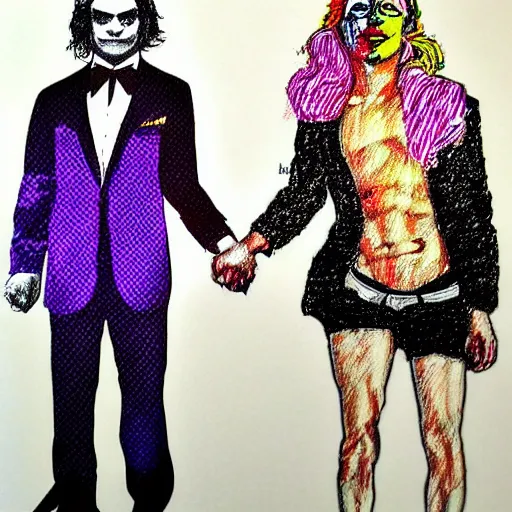 Prompt: mimmo rottela drawing joaquin phoenix skinny joker holding hand lady gaga harley queen, photorealistic, intricate details, pop art image,