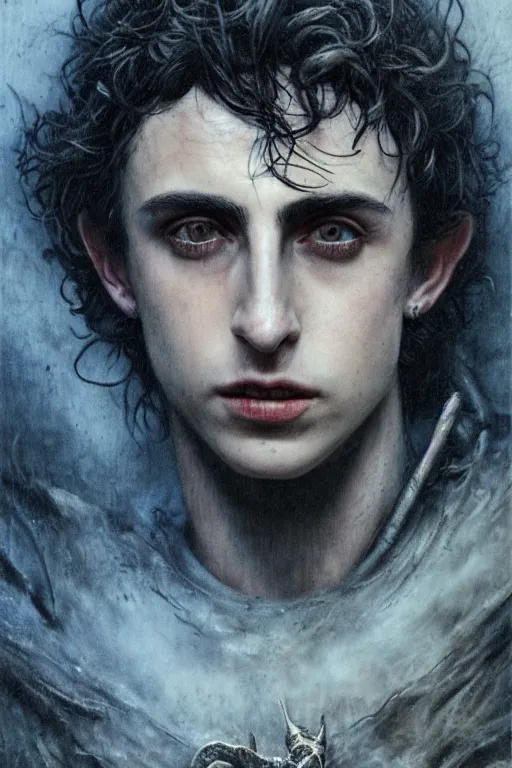 Prompt: portrait of timothee chalamet by hr giger, greg rutkowski, luis royo and wayne barlowe as a diablo, resident evil, dark souls, bloodborne monster