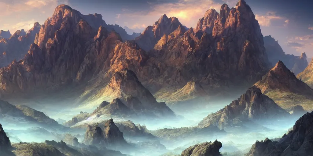 Image similar to beautiful matte painting of large mountains and canyons, fantasy