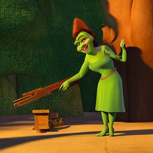 fiona from shrek holding a gun, Stable Diffusion