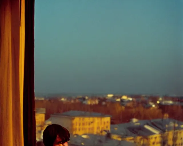 Image similar to award - winning lomographic tarkovsky film still of 4 0 years russian man with beard and sweater standing on small hrushevka 9 th floor balcony in taiga looking at sunset, cinestill, bokeh