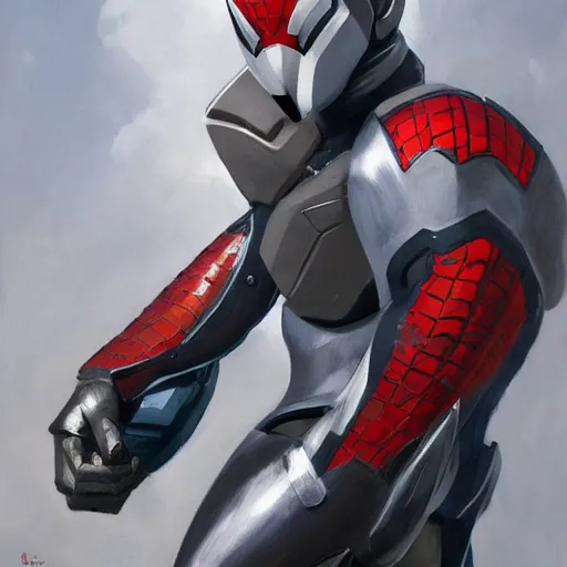 Image similar to greg manchess portrait painting of armored spiderman ultraman grey fox from metal gear cyborg gay japanese - american hybrid as overwatch character, medium shot, asymmetrical, profile picture, organic painting, sunny day, matte painting, bold shapes, hard edges, street art, trending on artstation, by huang guangjian and ail elvgren and sachin teng