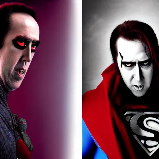 Image similar to nic cage as vampire superman, digital photography, high detail