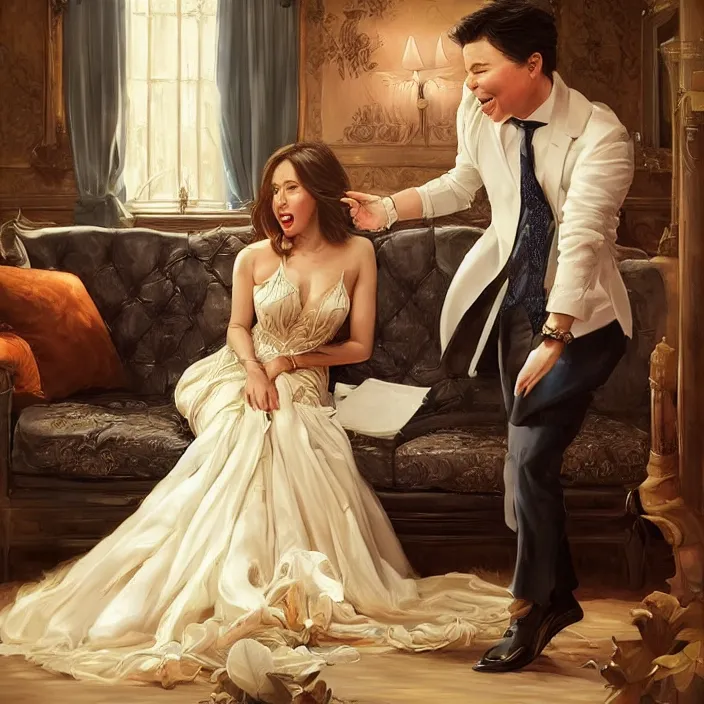 Image similar to portrait of michael mcintyre leaving on a sofa with a singing waitress, elegant, real life skin, intricate artwork, high detailed, artstation, concept art, smooth, sharpz focus, art by artgerm and greg rutkowski