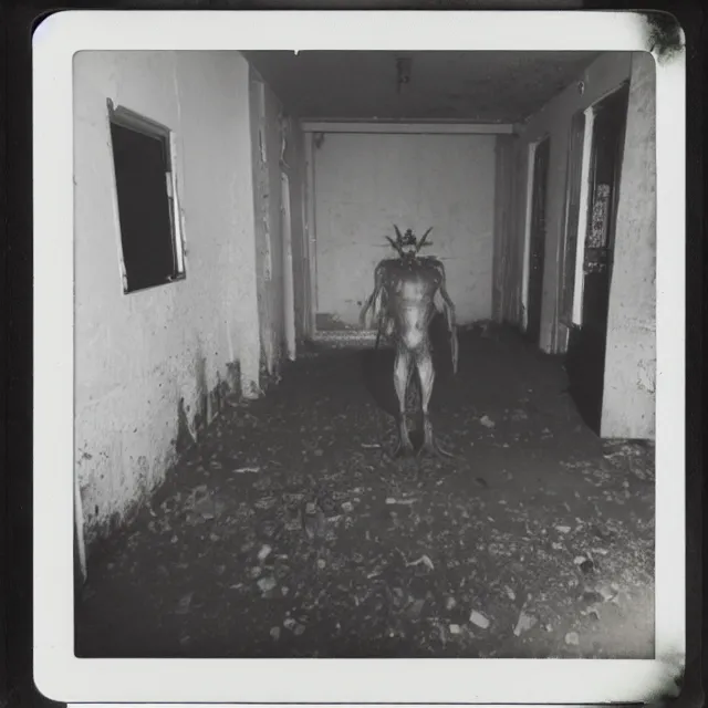 Image similar to found polaroid photo, flash, interior abandoned hospital, mutant creature standing