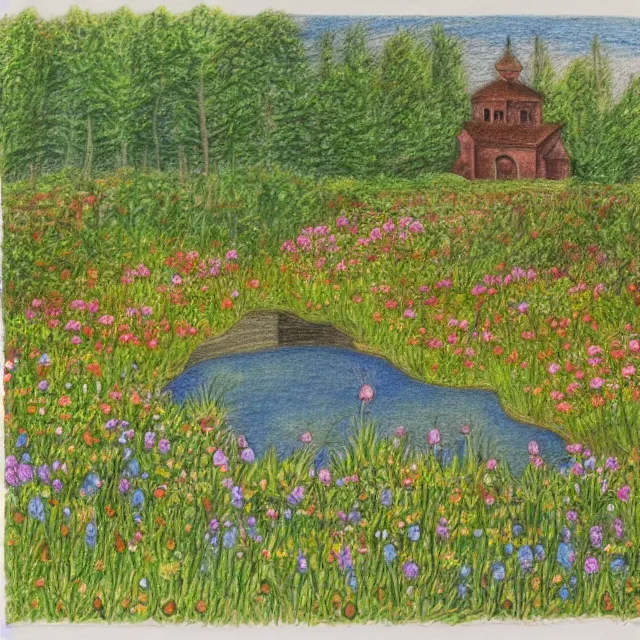 Prompt: monastery in a forest flower meadow with a pond landscape, colored pencil drawing