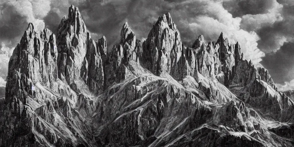 Image similar to who reigns over the dolomites, alpine, detailed intricate insanely detailed octane render, 8k artistic 1920s photography, photorealistic, black and white, chiaroscuro, hd, by David Cronenberg, Raphael, Caravaggio