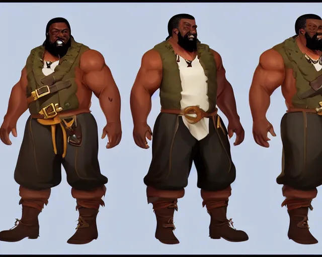 Image similar to sea of thieves character portrait concept art for a huge hulking muscular african american man wearing a blue jacket shirt pants and boots with a pegleg, cgsociety, trending on artstation, character sheet, model sheets, angles, reference, rare ltd,