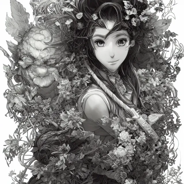 Image similar to the portrait of chaotic good female druid botanist as absurdly beautiful, gorgeous, elegant, young anime girl, an ultrafine hyperdetailed illustration by kim jung gi, irakli nadar, intricate linework, sharp focus, bright colors, octopath traveler, final fantasy, unreal engine 5 highly rendered, global illumination, radiant light, detailed and intricate environment