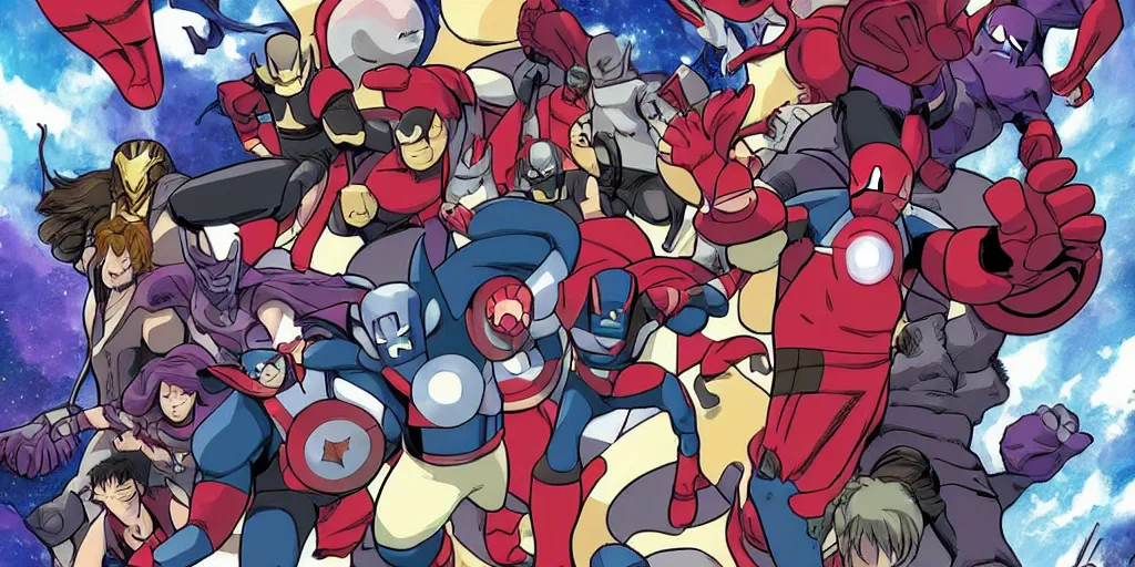 Image similar to studio ghibli image of marvel's the avengers fighting thanos