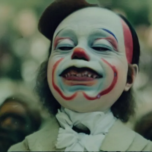 Prompt: screenshot from the scene from the holy mountain where the conjoined child clowns play. The child clowns are conjoined at the head and neck. Cinematic, VHS copy, film grain, 35mm film.