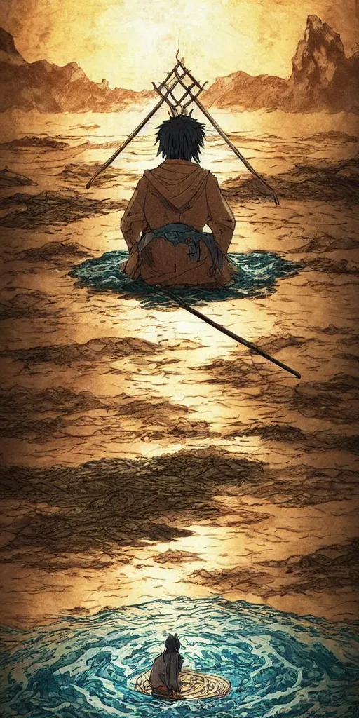 Image similar to a single lone king sitting on a throne floating on water in the middle of a lake drawn by Makoto Yukimura in the style of Vinland saga anime, full color, detailed, wide angle