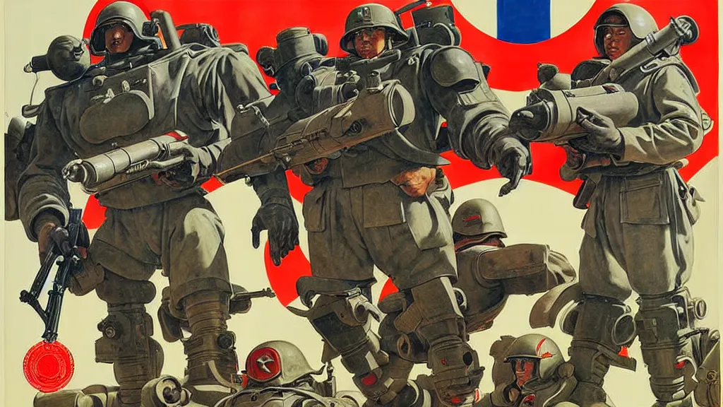 Image similar to America and Japan fight WWII with mechs, in the style of Norman Rockwell, sci-fi illustrations, propaganda poster, highly detailed, intricate, photorealistic, award-winning, patriotic, dark, gritty, oil painting