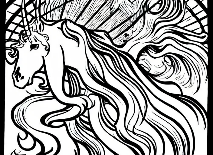 Prompt: clean simple line art of a beautiful elegant unicorn. white background. well composed, clean black and white line drawing, beautiful detailed face. illustration by steve ditko and jack kirby and alphonse mucha
