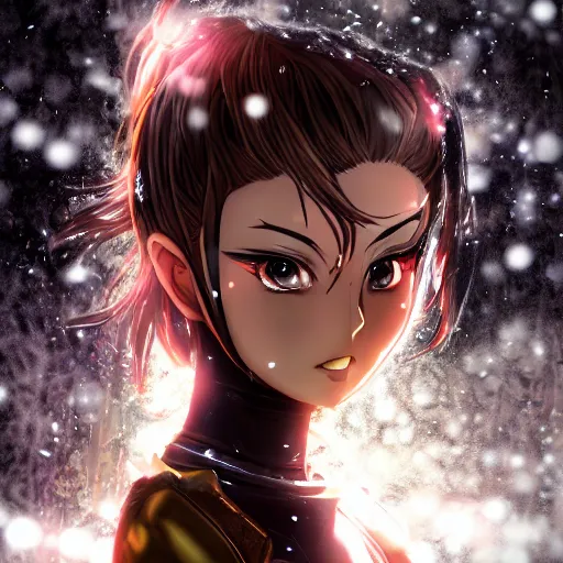 Image similar to focus face portrait of beautiful darkness knight 3D anime girl, golden armor wearing, dark forest background, snowing, bokeh, inspired by Masami Kurumada, digital painting, high contrast, unreal engine render, volumetric lighting, high détail