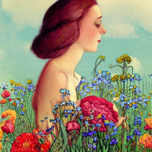 Prompt: a picture of a dreaming woman with flowers grow out of hair, roses peonies forget-me-nots dahlias lupins gladioli, sky theme in background by Elsa Beskow, Digital Art, Trending on artstation