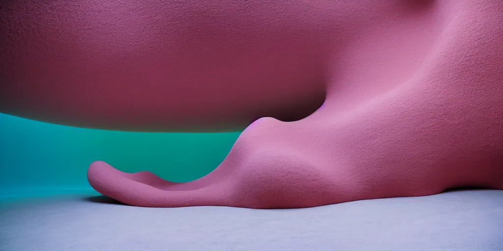 Image similar to soft biomorphic structures out of stocking - like material and nets that fills with various objects like spices, sand and shells by ernesto neto, dusty pink with light - mint color, film still from the movie directed by denis villeneuve with art direction by zdzisław beksinski, telephoto lens, shallow depth of field